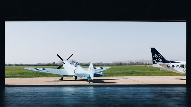 Spitfire setting off on a charity flight from Goodwood 
