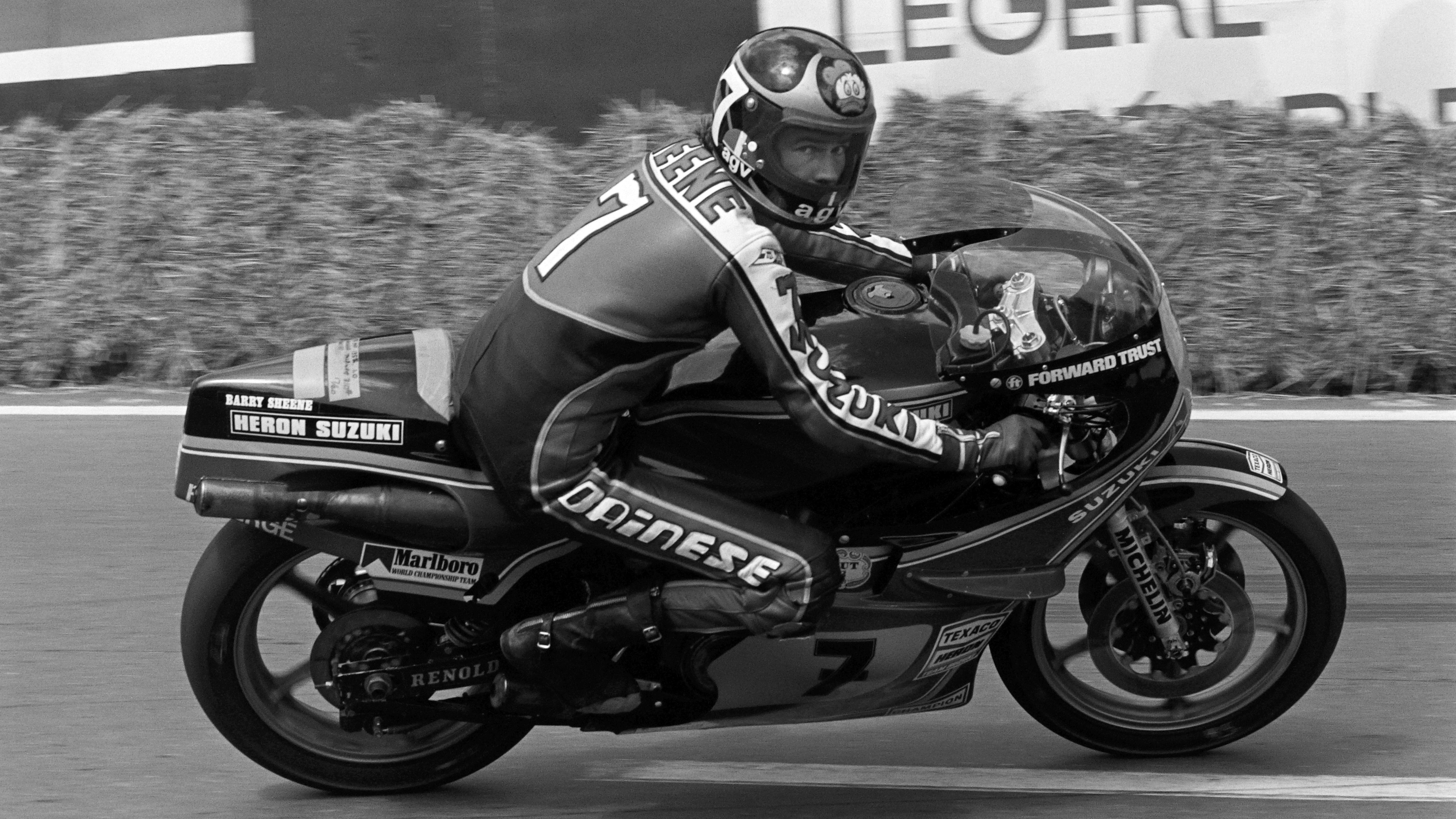 Sheene spies the camera while riding his Suzuki RG500 at the 1978 Belgian 500cc Motorcycle Grand Prix at Spa-Francorchamps.