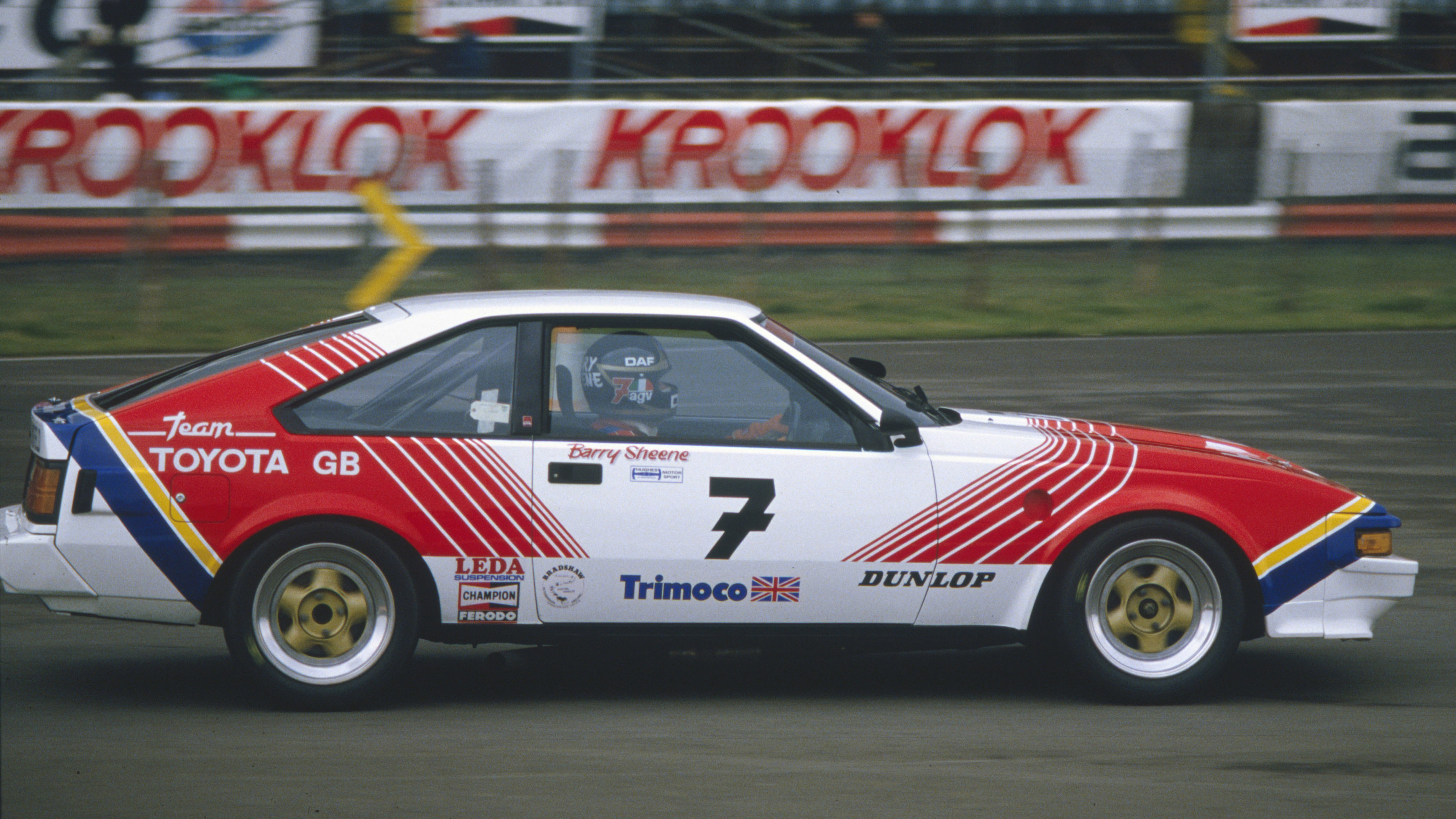Swapping two wheels for four, Sheene competes in the 1985 British Touring Car Championship in a Toyota Supra. 