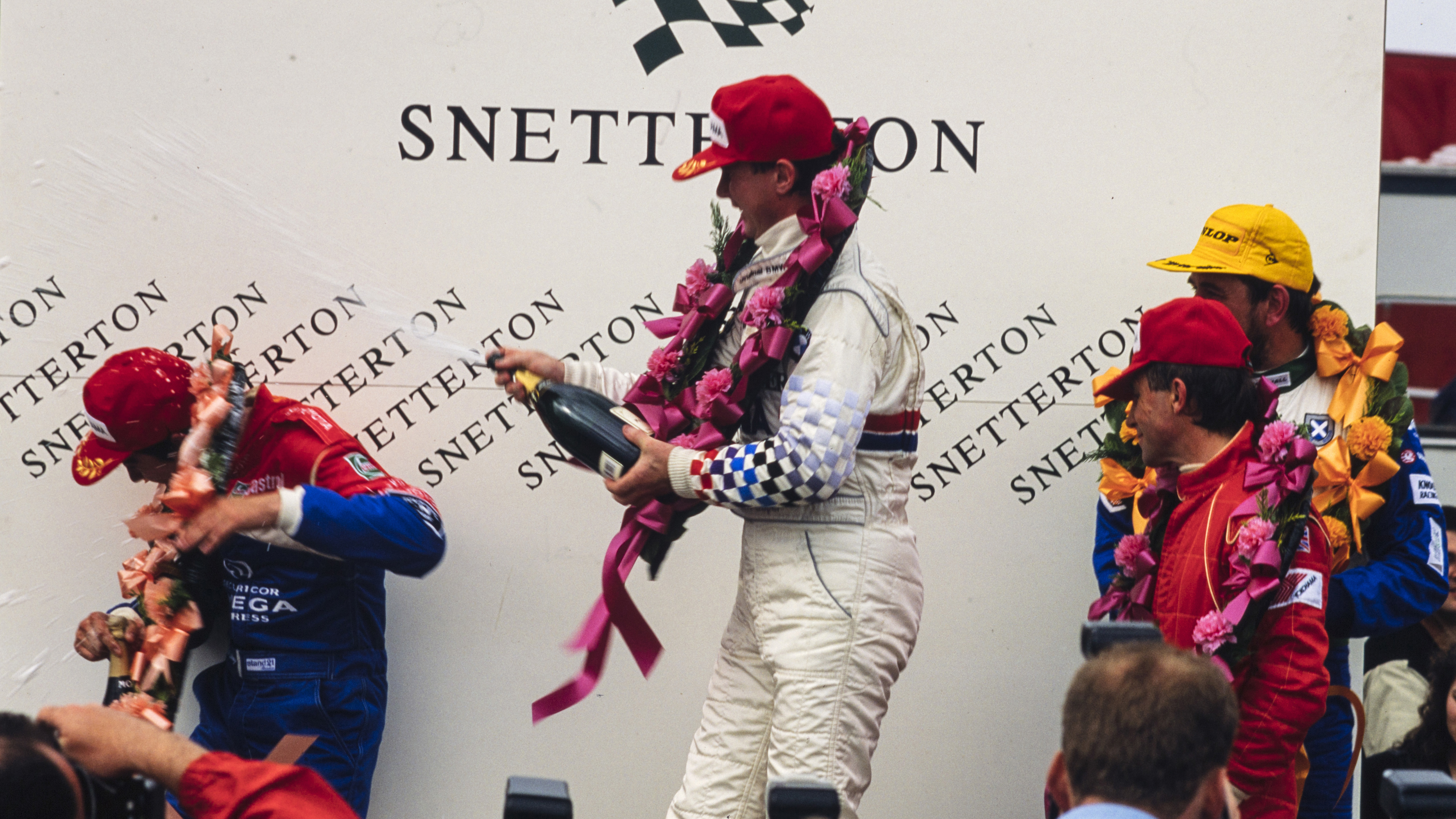 Soper celebrates after winning the third round of the 1993 season at Snetterton, May 1993.