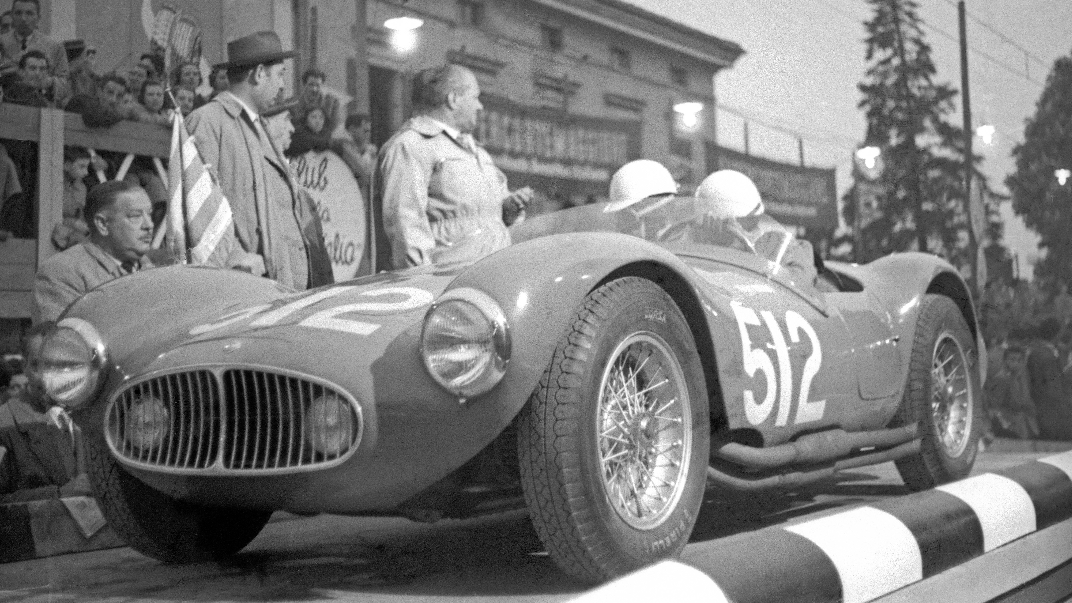 A Maserati A6GCS waits on the starting ramp for the 1953 Mille Miglia.