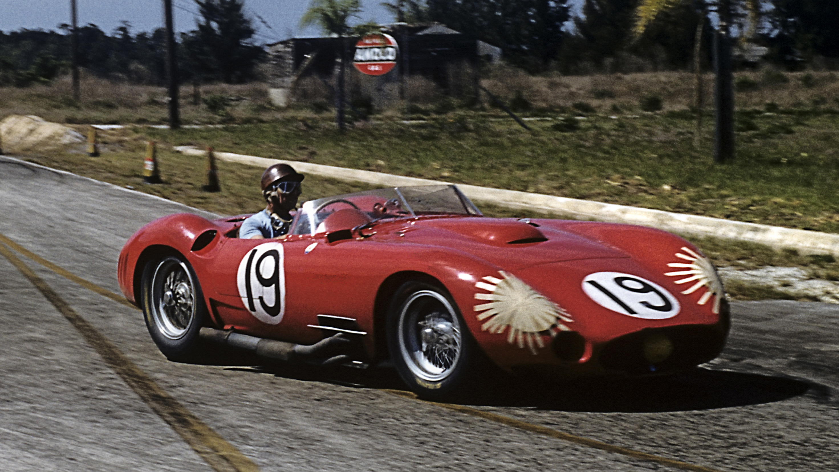 Fangio drives a Maserati 450S at the 12 Hours of Sebring, March 1957.