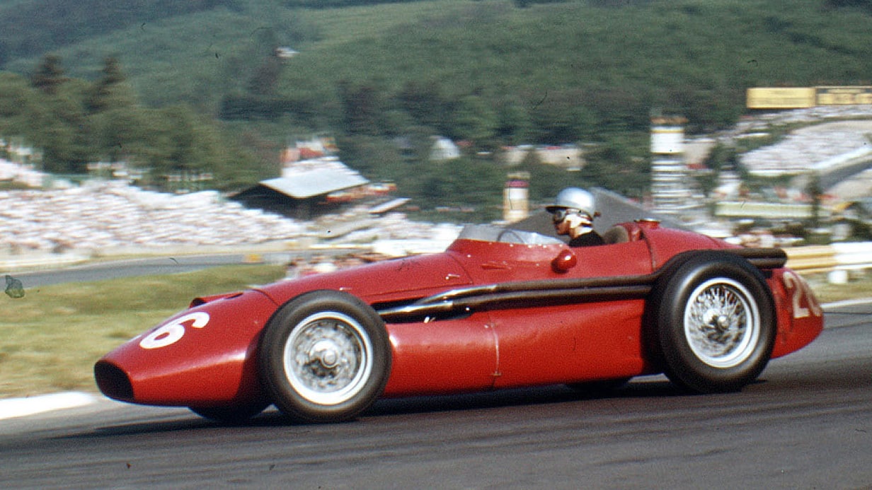 The Maserati 250F of de Filippis at Spa-Francorchamps during the 1958 Belgian Grand Prix.
