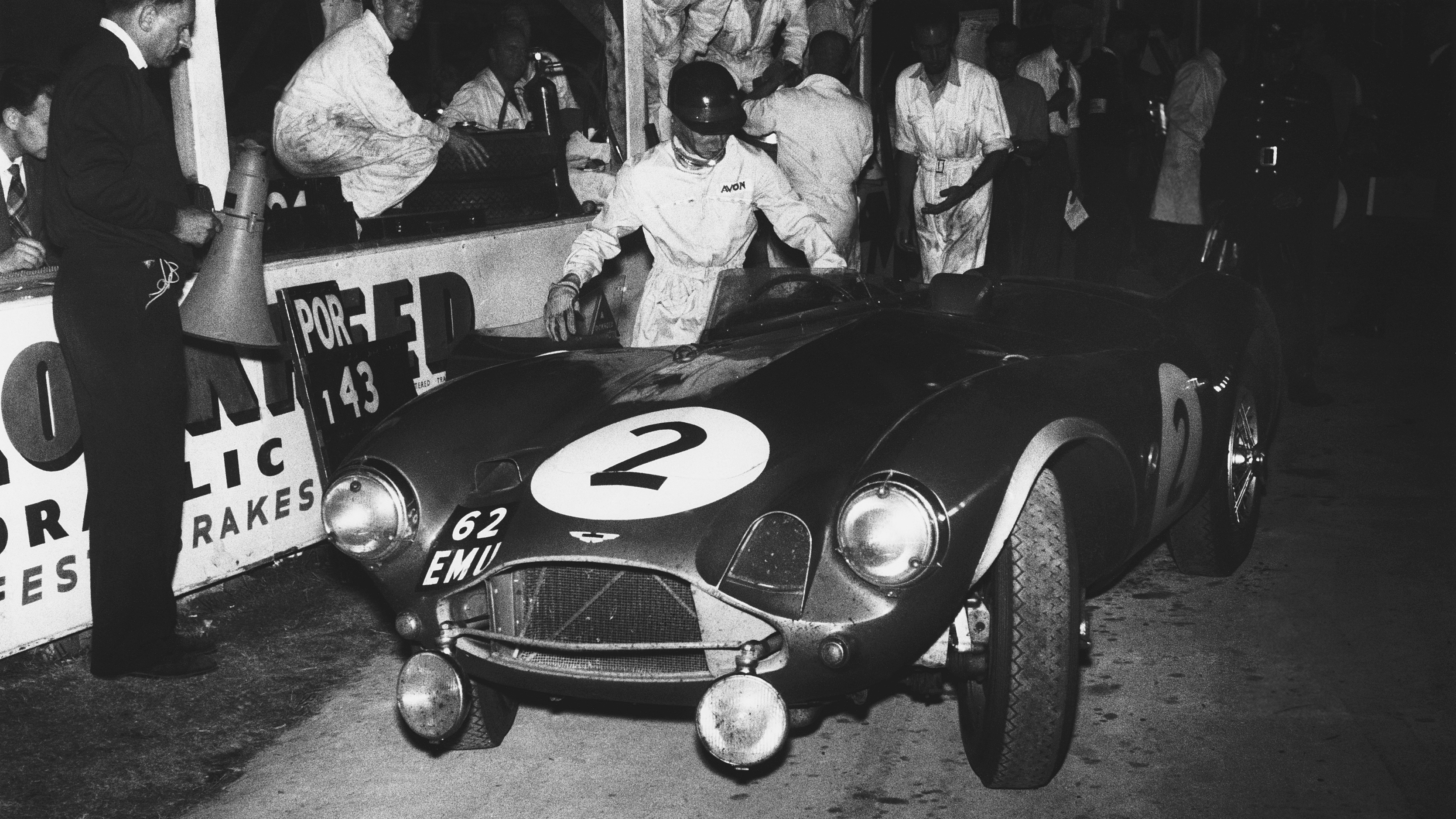 Tony Brooks and Peter Collins’s Aston Martin DB3S at a pit stop during the 1955 Goodwood 9 Hours. They finished third overall.