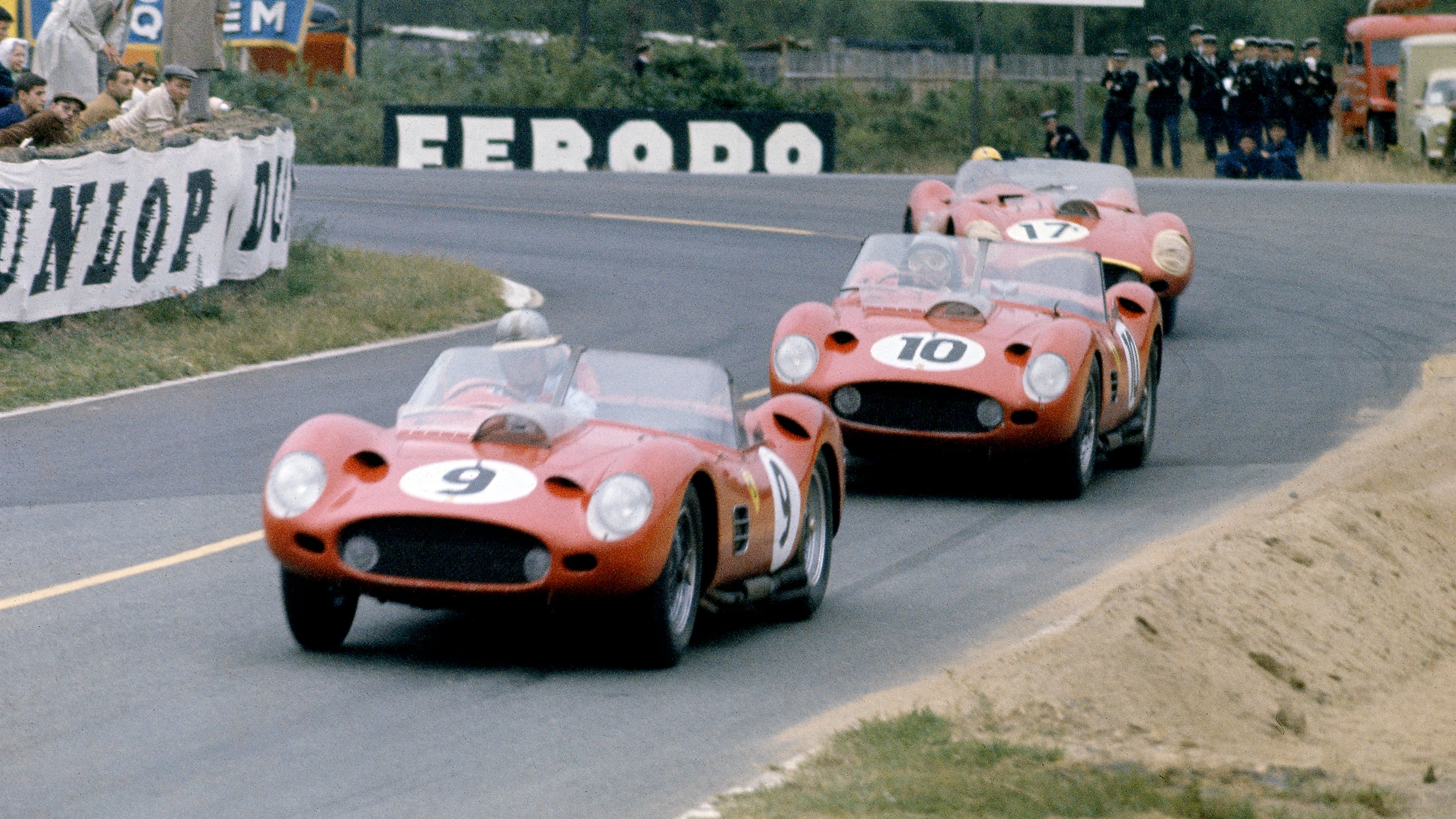 Three Ferrari 250 TRs were running in tandem during the 1960 Le Mans 24 Hours. Wolfgang von Trips ran out of fuel, Richie Ginther suffered a gearbox failure, and Ricardo Rodriguez finished second.