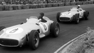 Fangio leads Mercedes team-mate Moss at the Dutch Grand Prix, June 1955.