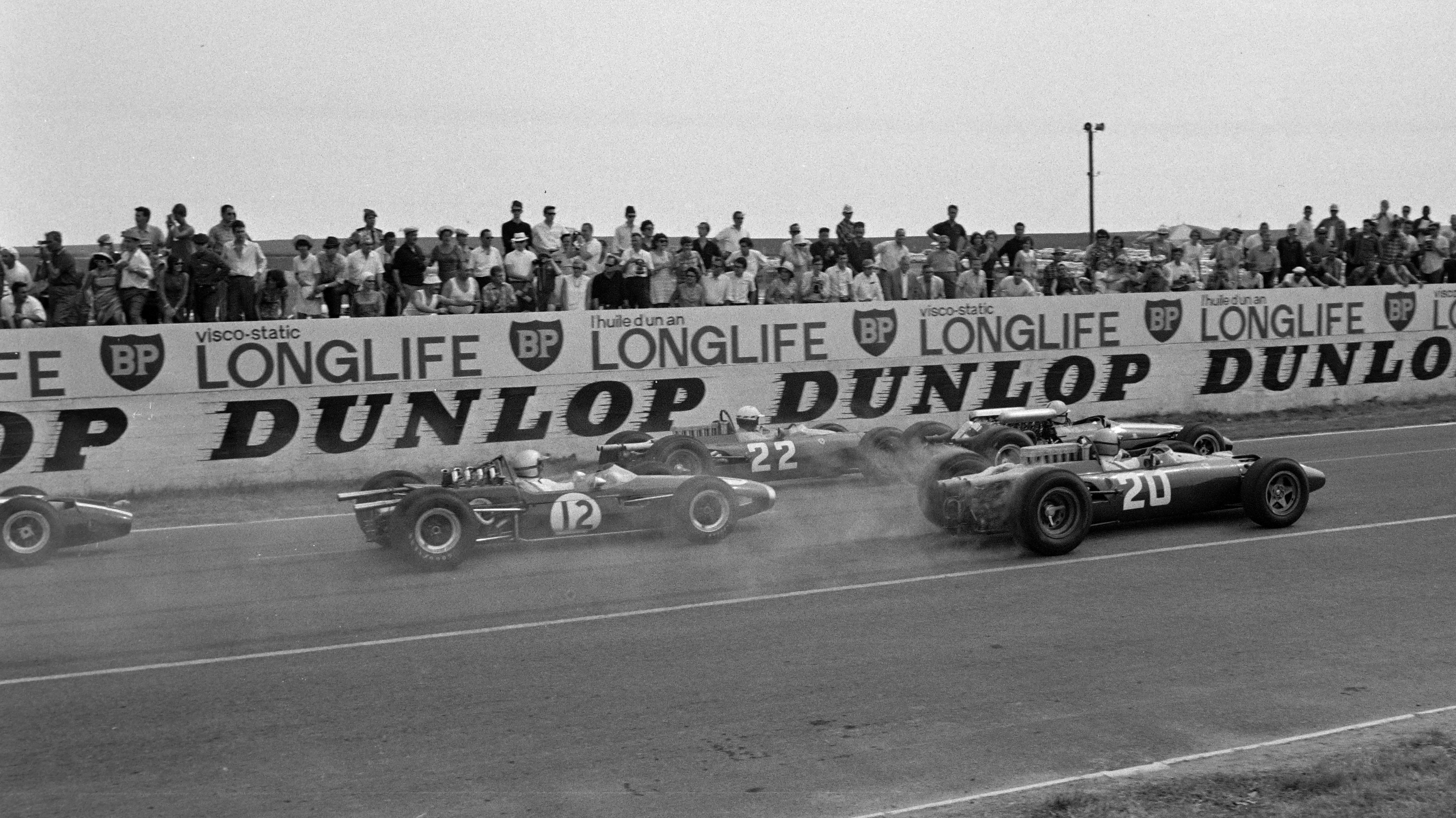 
The start of the 1966 French Grand Prix. Bandini, Surtees and Parkes lead Brabham (#12) off the line at Reims-Gueux, July 1966