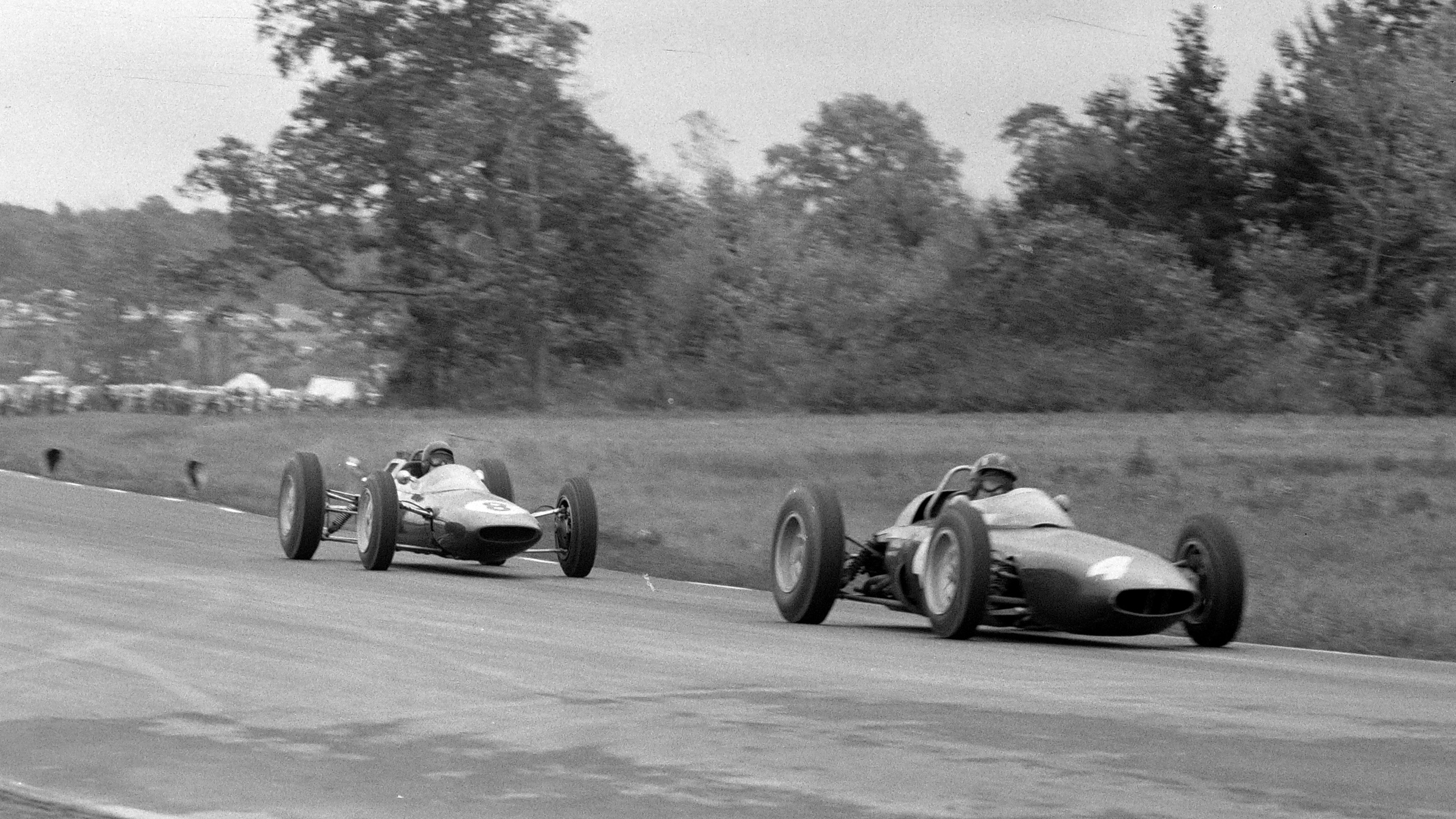 Hill leads Clark during the United States Grand Prix at Watkins Glen, but Clark came out on top to take his third win of 1962. 