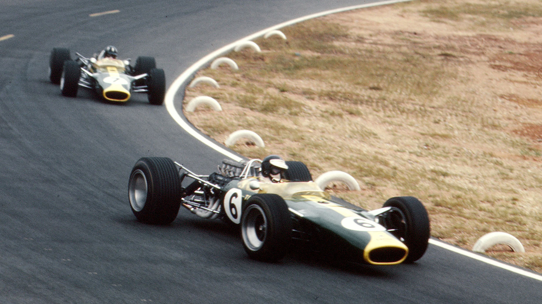 Now team-mates at Lotus, Clark leads Hill at the 1967 French Grand Prix, both at the wheel of a Type 49.