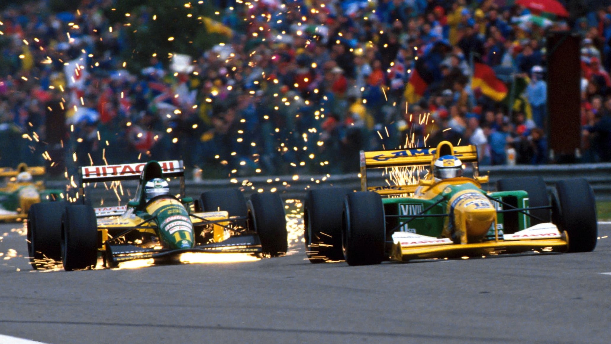 Mika Häkkinen chases Michael Schumacher, as the German races to his first F1 victory at the 1992 Belgium Grand Prix.