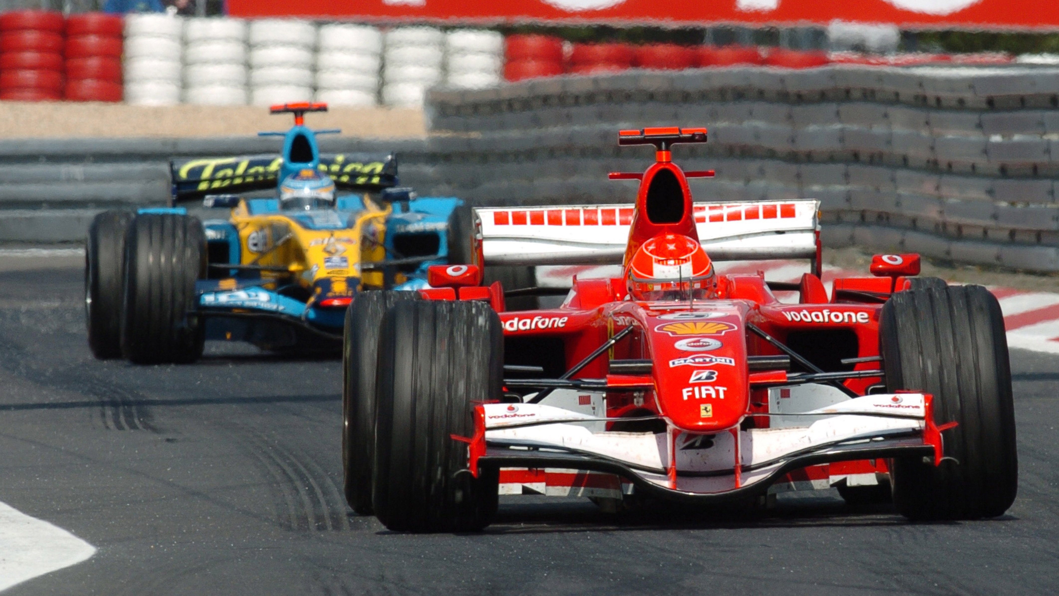 Schumacher leads Alonso on his way to victory at the 2006 European Grand Prix at the Nürburgring — his second win of the season.