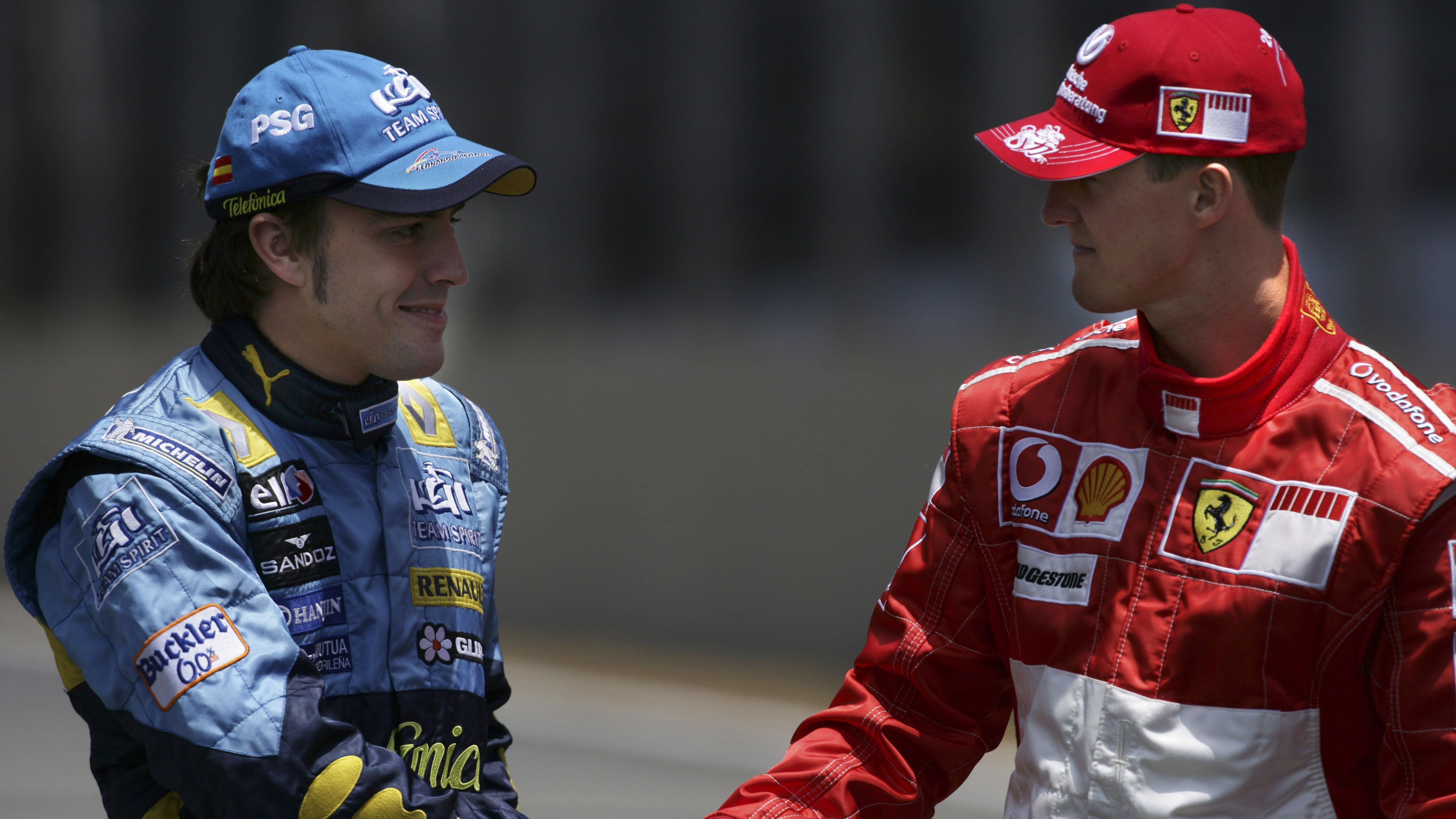 Alonso and Schumacher shake hands before the Brazilian Grand Prix that would decide the both the Drivers’ and Constructors’ Championships in 2006.