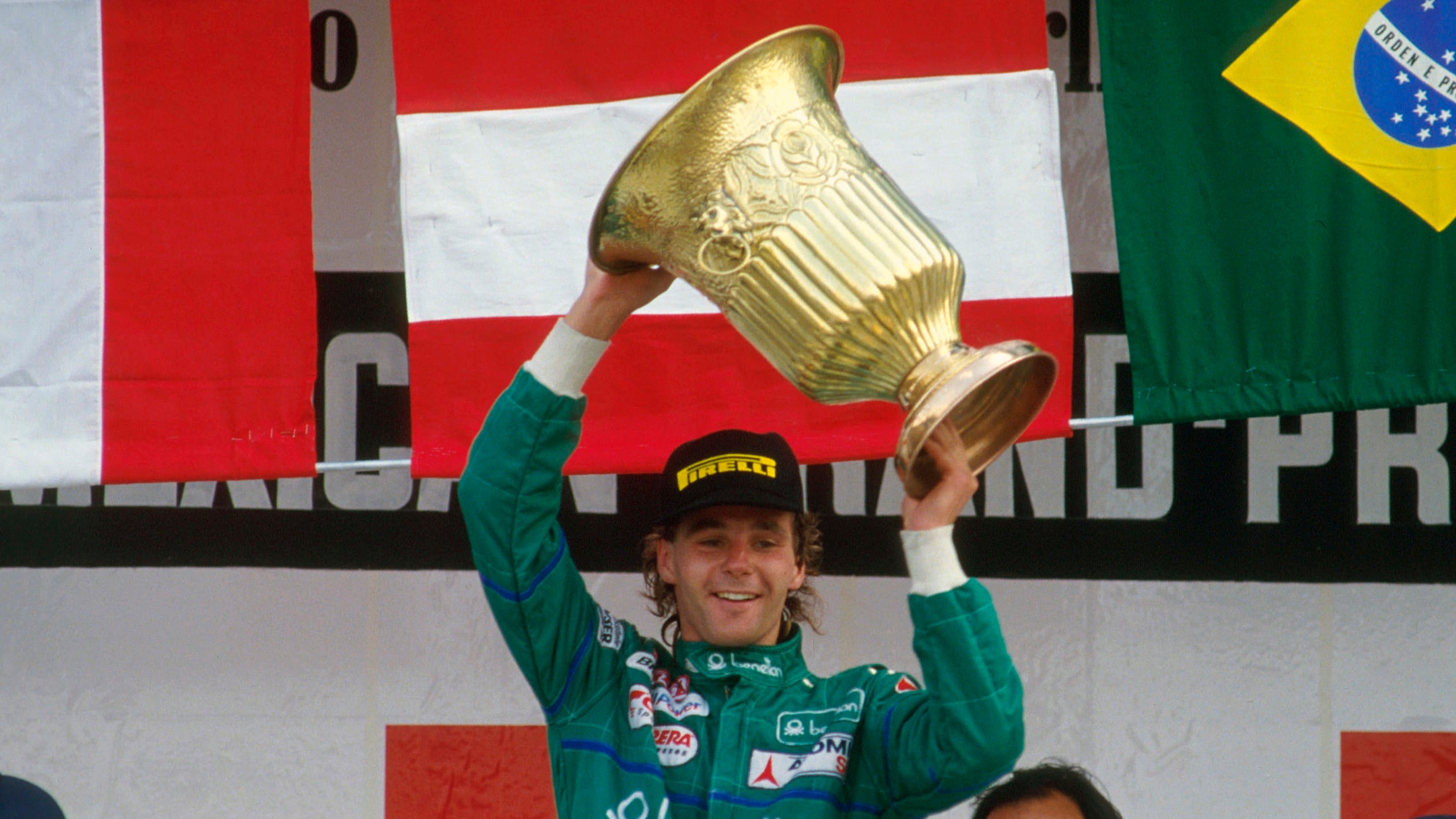 Berger claimed his first F1 victory at the 1986 Mexican Grand Prix, with Benetton. Alain Prost and Ayrton Senna joined him on the podium.