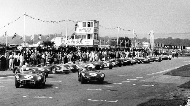 The start of the RAC Tourist Trophy race at Goodwood in 1958. Stirling Moss leads the way in the Aston Martin that he and teammate Tony Brooks drove to victory, followed by the third place finishing Aston Martin of Carroll Shelby and Stuart Lewis-Evans