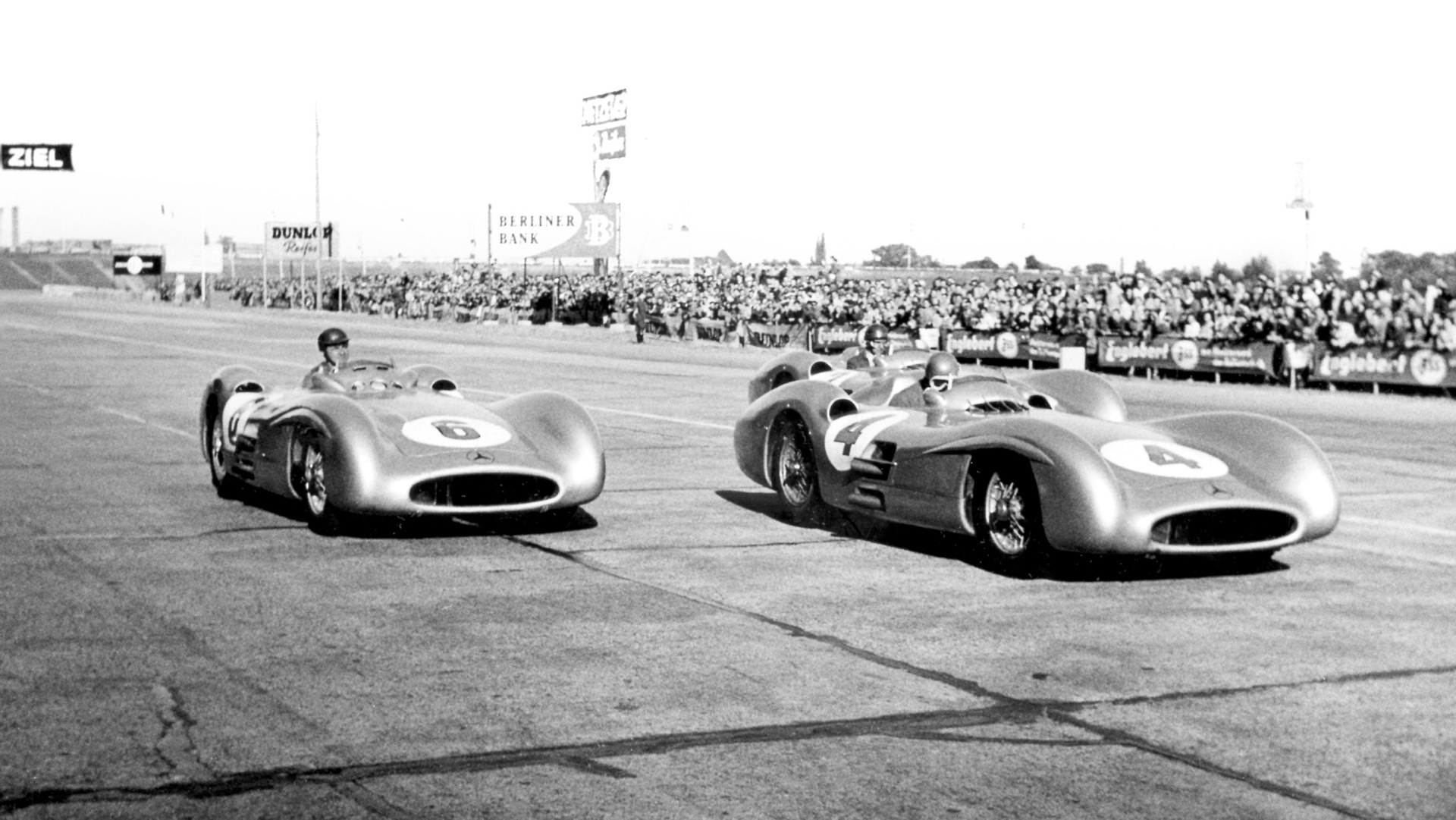 Herrmann, Fangio and race winner Kling in their Stromlinienwagen Mercedes, 1954 Berlin GP at AVUS - they finished 3-2-1.