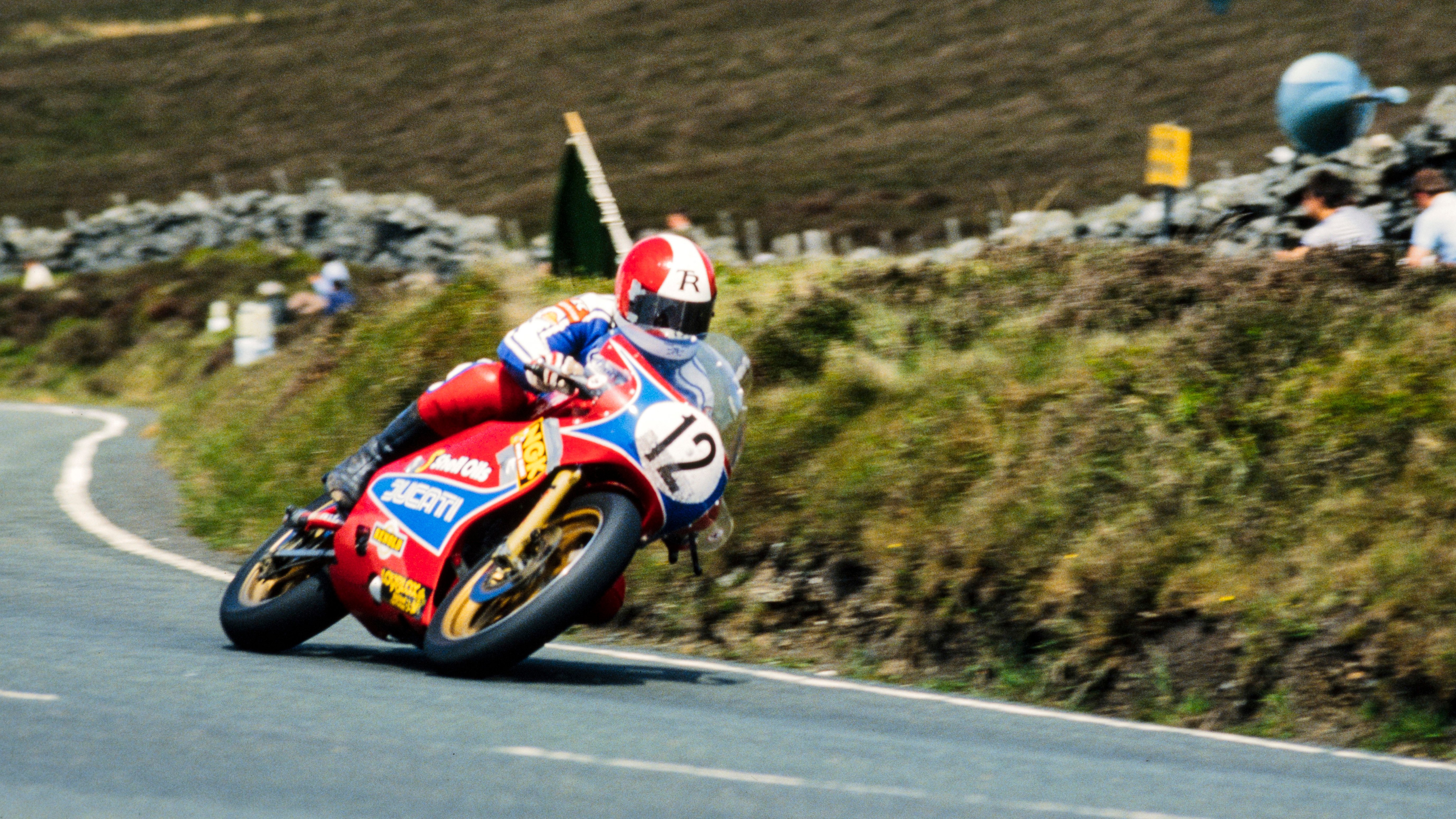 Tony Rutter riding a Ducati at Snaefell Mountain Course at the 1984 Isle of Man TT.