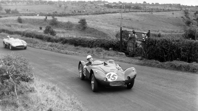 The Robbie MacKenzie-Low / Richard Mainwaring Elva Mk IB Climax leads Eugenio Castellotti / Piero Taruffi in  Ferrari 857 S during the 1955 RAC Tourist Trophy at Dundrod.