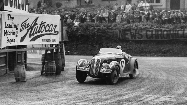 Prince Bira drives the #17 BMW 328 during practice for the Royal Automobile Club International Tourist Trophy race on 3rd September 1936 at the Ards Circuit, Belfast, United Kingdom