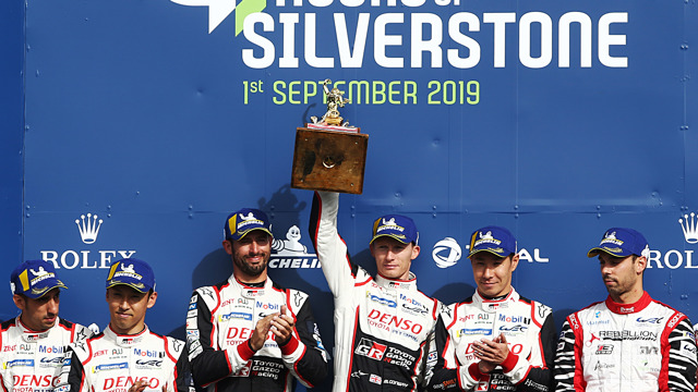 Mike Conway, Jose Maria Lopez and Kamui Kobayashi lift the RAC Tourist Trophy after winning the 4 Hours of Silverstone for Toyota Gazoo Racing in 2019.