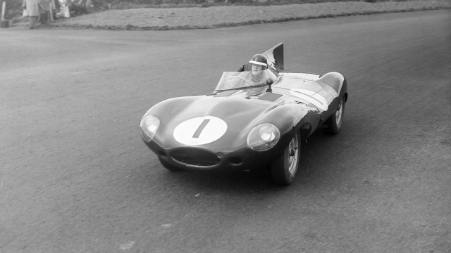 Mike Hawthorn racing the Jaguar D-type during the RAC Tourist Trophy at Dundrod on 18th September 1955