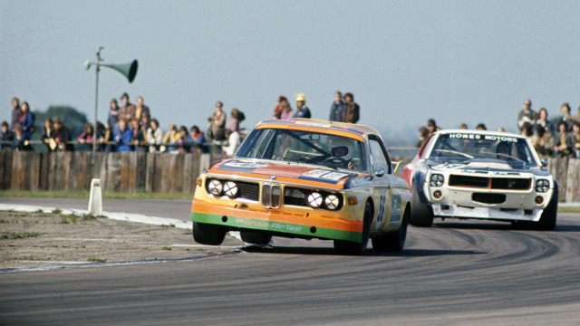 The Derek Bell/Harald Ertl BMW 3.0 CSL leads in the RAC Tourist Trophy at Silverstone on 23rd September 1973.