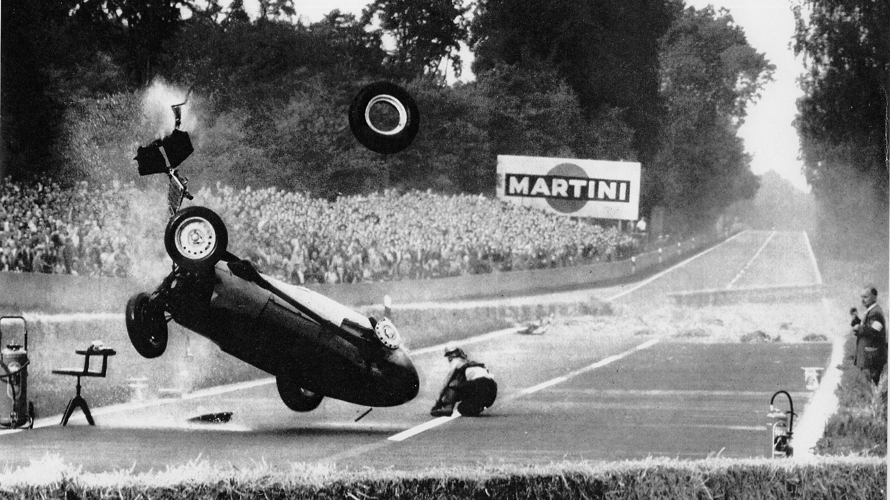 Herrmann's famous accident at the 1959 German Grand Prix at AVUS.
