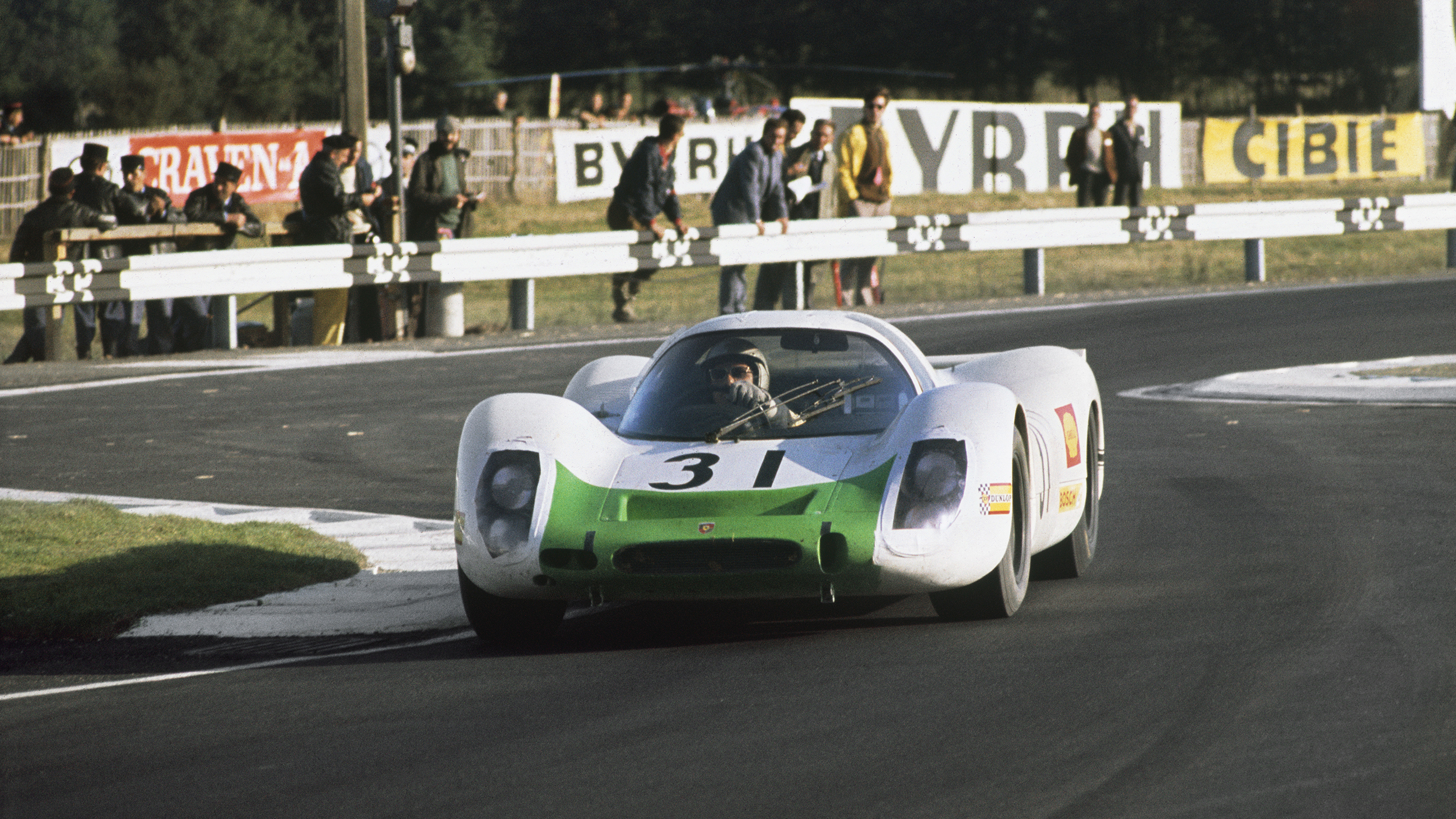 The Jo Siffert/Hans Herrmann Porsche 908 action at the 1968 Le Mans 24 Hours.