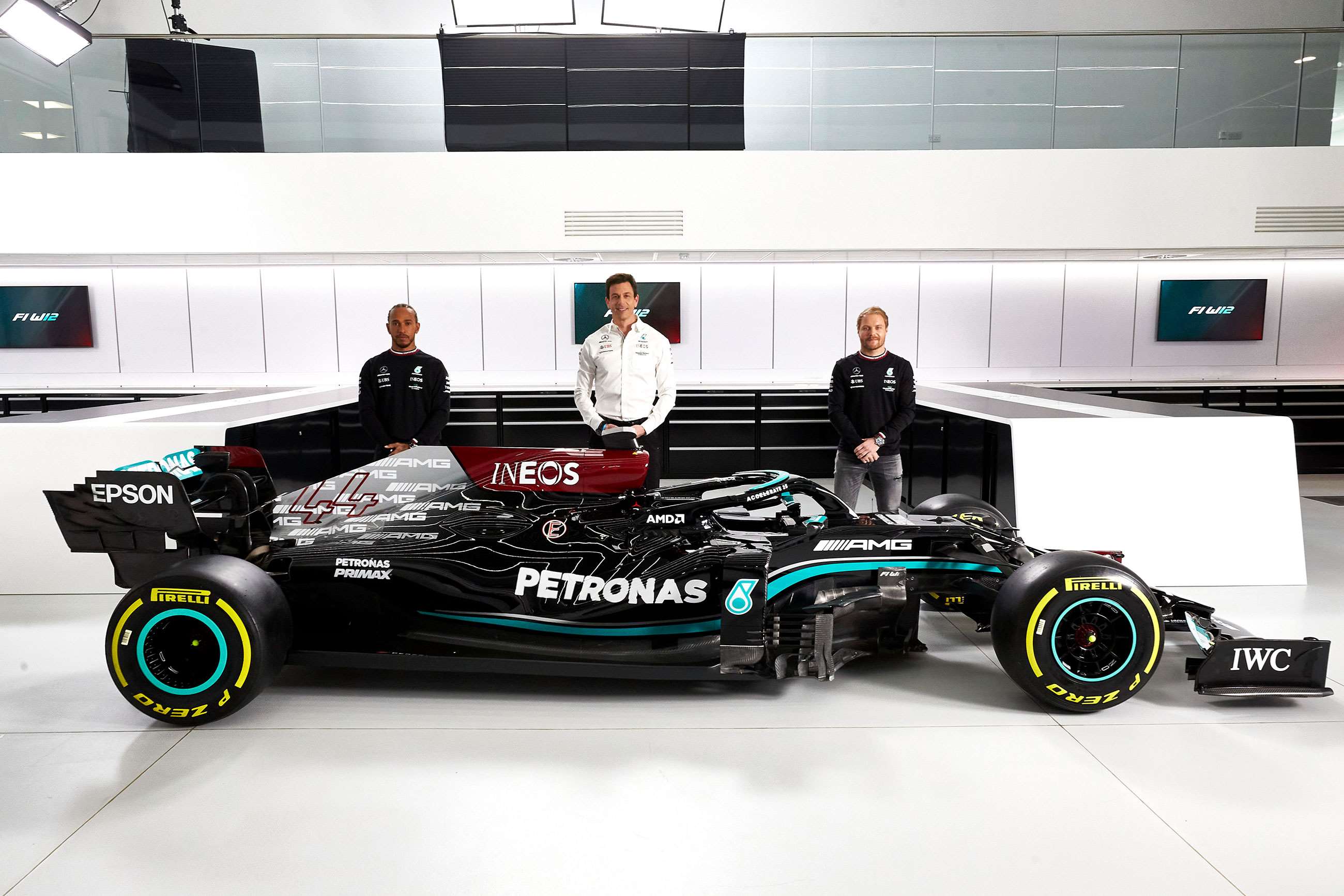 Mercedes W12, Toto, Hamilton and Bottas