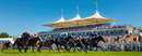 Horses race against the backdrop of the Sussex Stand at Goodwood Racecourse.