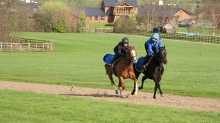 Gemma Owen training for the Markel Magnolia Cup at Manor House Stables with trainer Hugo Palmer and Michael Owen..jpeg